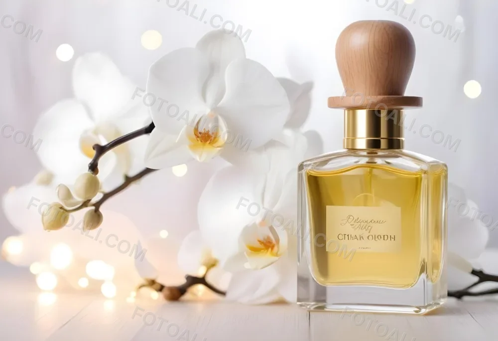 A Perfume Bottle With A Wooden Cap And A White Orchid On A White Wooden Surface With Bokeh Lights In The Background 46 20c4