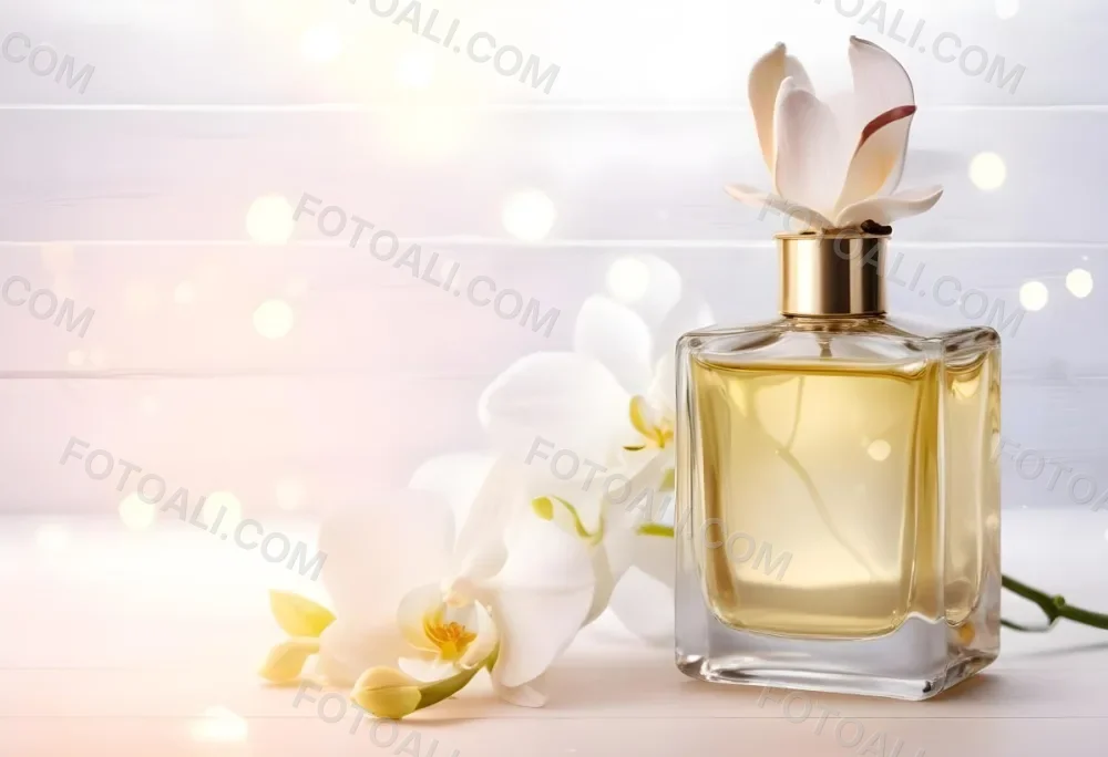 A Perfume Bottle With A Wooden Cap And A White Orchid On A White Wooden Surface With Bokeh Lights In The Background 5 727b