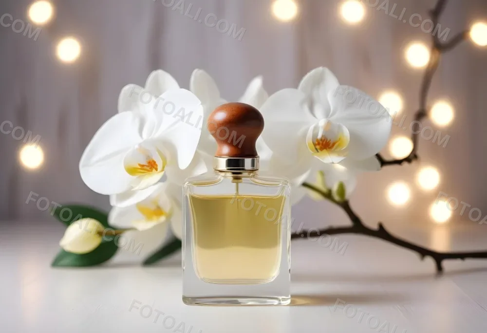 A Perfume Bottle With A Wooden Cap And A White Orchid On A White Wooden Surface With Bokeh Lights In The Background 6 917f
