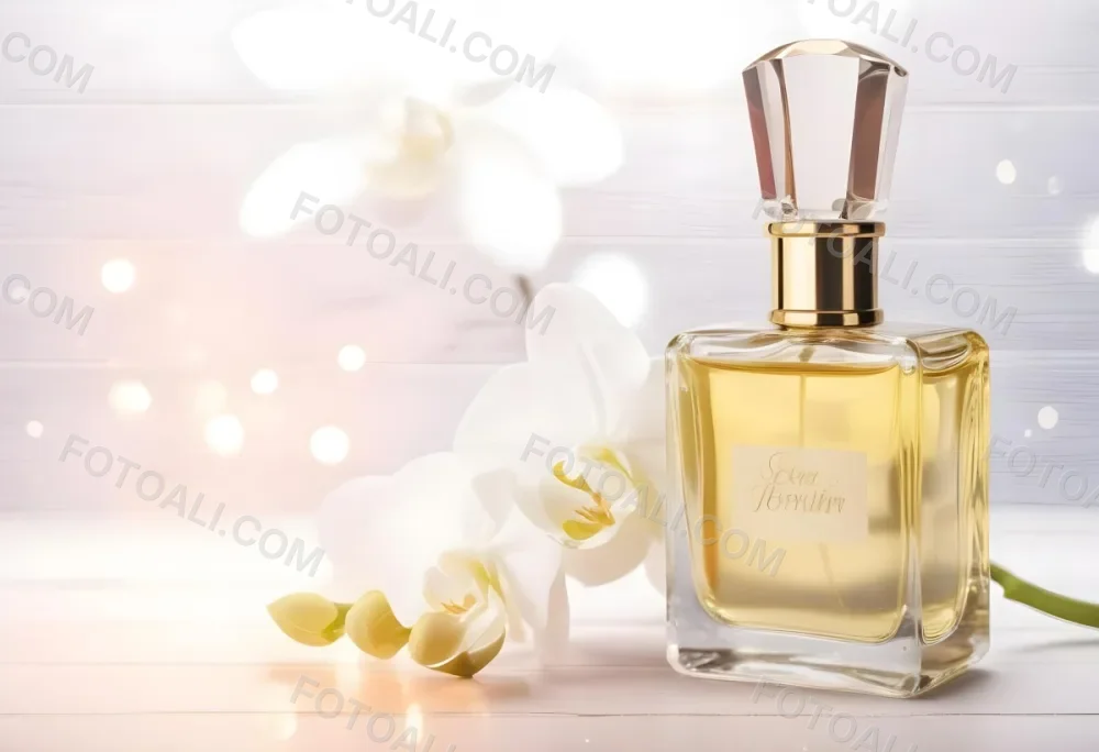 A Perfume Bottle With A Wooden Cap And A White Orchid On A White Wooden Surface With Bokeh Lights In The Background 7 B9f6