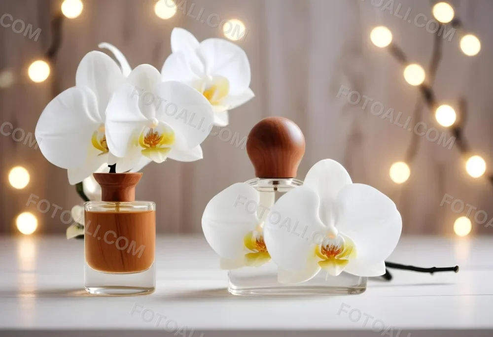 A Perfume Bottle With A Wooden Cap And A White Orchid On A White Wooden Surface With Bokeh Lights In The Background 8 Eaf9