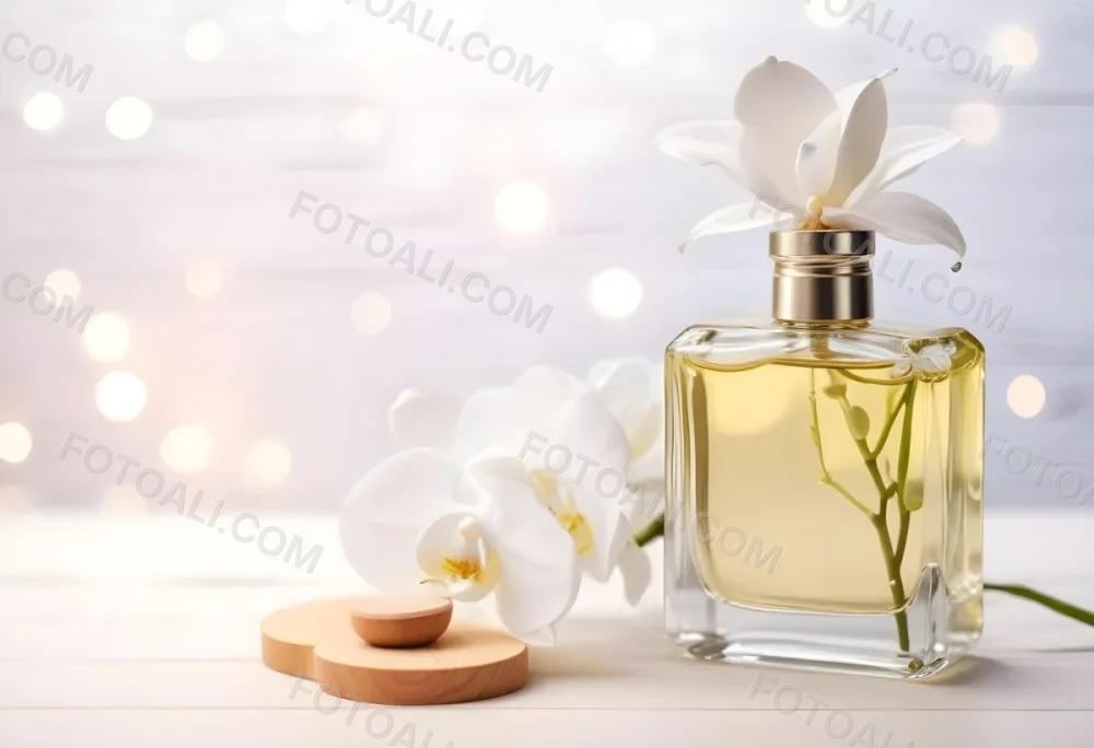 A Perfume Bottle With A Wooden Cap And A White Orchid On A White Wooden Surface With Bokeh Lights In The Background 9 Dd41