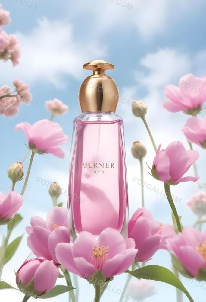 A Perfume Bottle With Blue Liquid And A Golden Cap Surrounded By Pink Flowers And Petals With A Blue Sky Background 14 1f1b 6c95