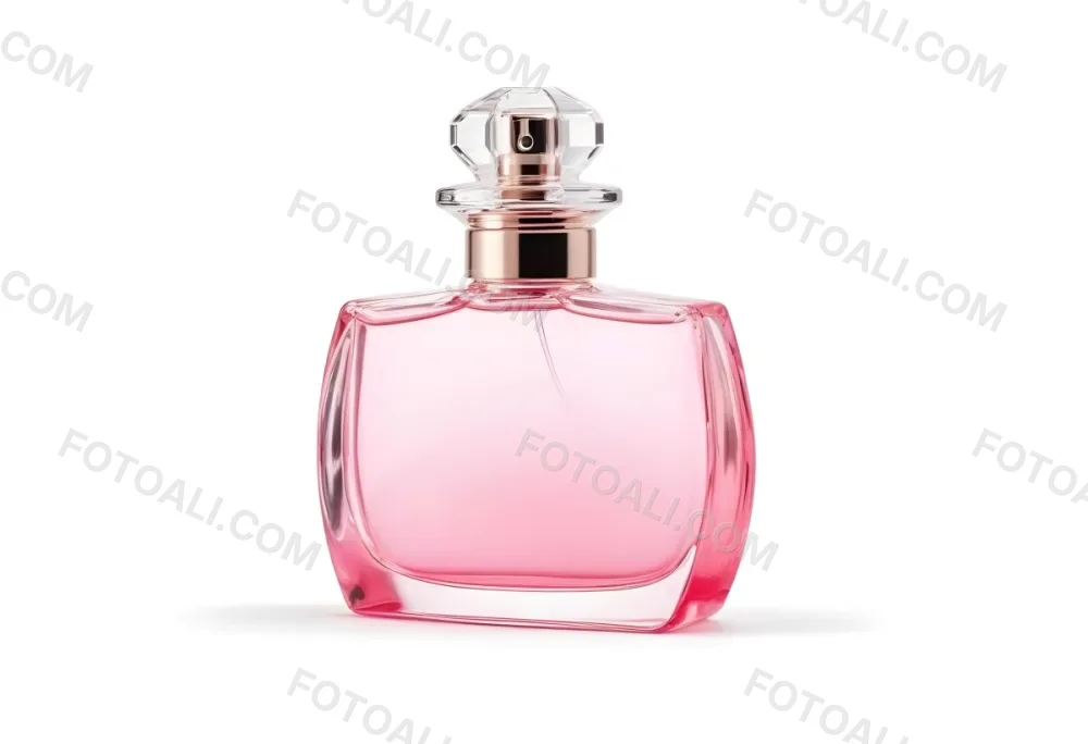 A Perfume Bottle With Pink Liquid Inside Pink Cap On A White Background 10 897c