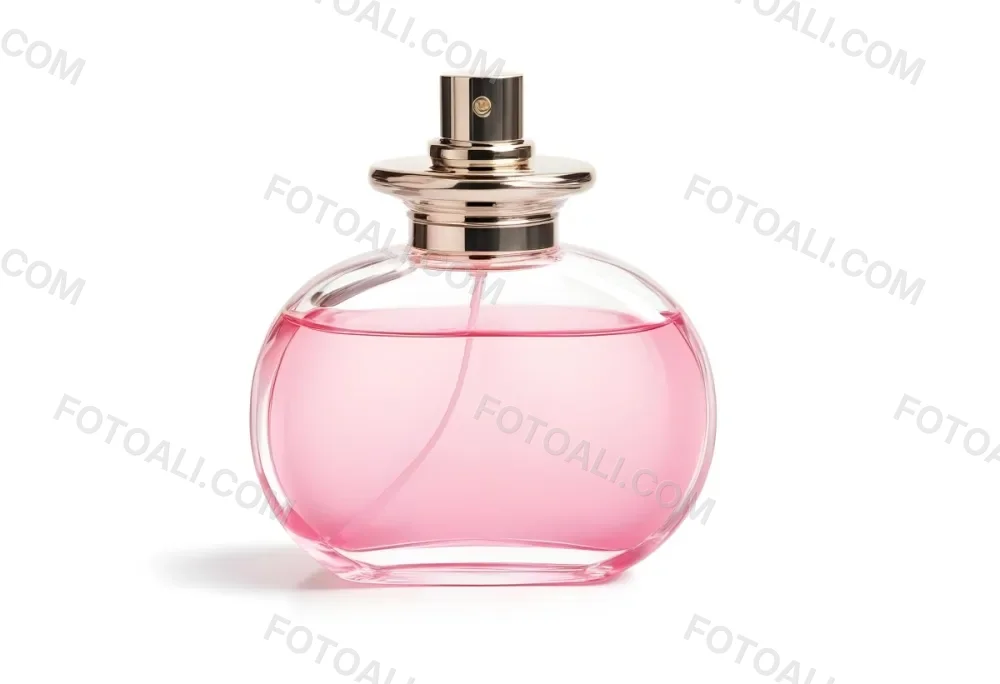 A Perfume Bottle With Pink Liquid Inside Pink Cap On A White Background 16 9621