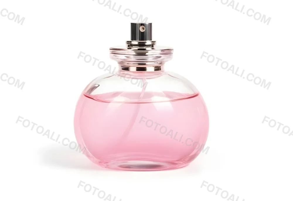 A Perfume Bottle With Pink Liquid Inside Pink Cap On A White Background 17 5338