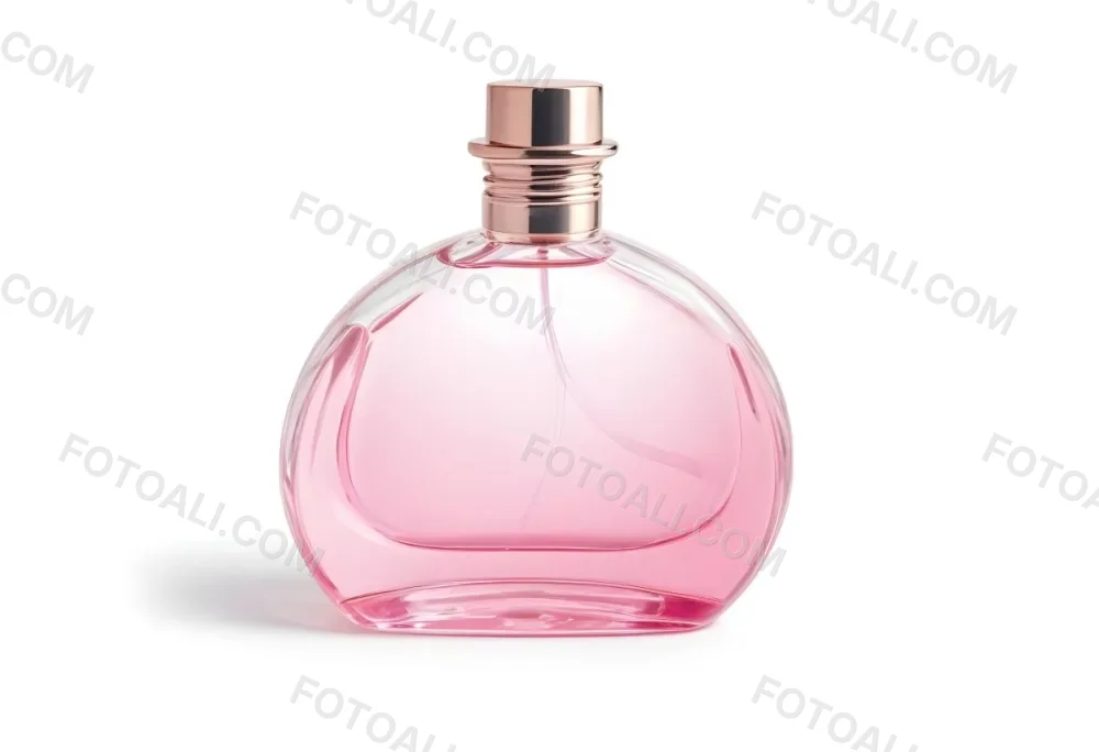 A Perfume Bottle With Pink Liquid Inside Pink Cap On A White Background 18 523d