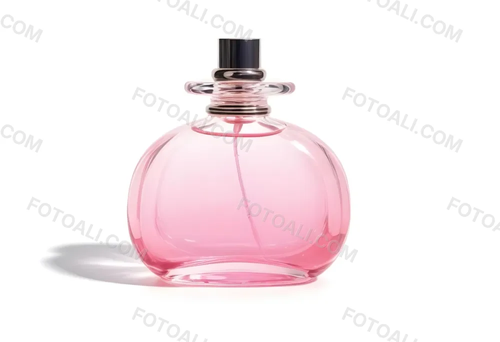 A Perfume Bottle With Pink Liquid Inside Pink Cap On A White Background 2 06c7