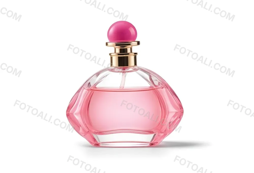 A Perfume Bottle With Pink Liquid Inside Pink Cap On A White Background 22 C50a