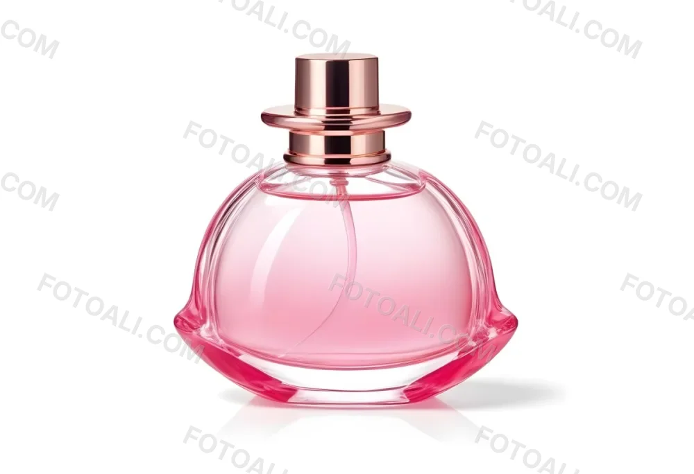 A Perfume Bottle With Pink Liquid Inside Pink Cap On A White Background 24 0b84