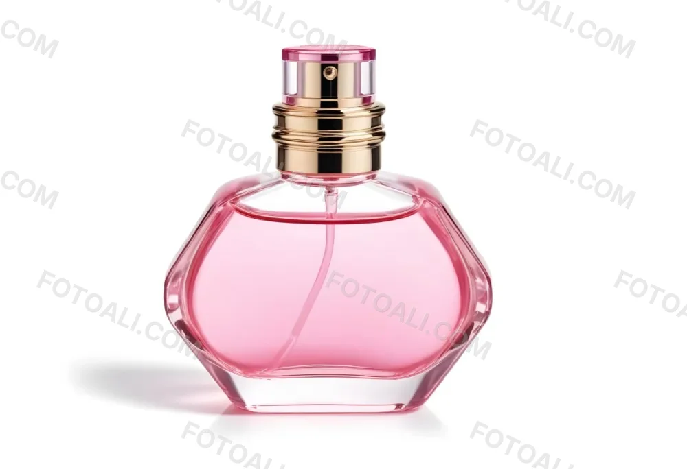 A Perfume Bottle With Pink Liquid Inside Pink Cap On A White Background 27 6776