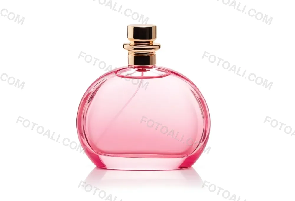 A Perfume Bottle With Pink Liquid Inside Pink Cap On A White Background 28 1256
