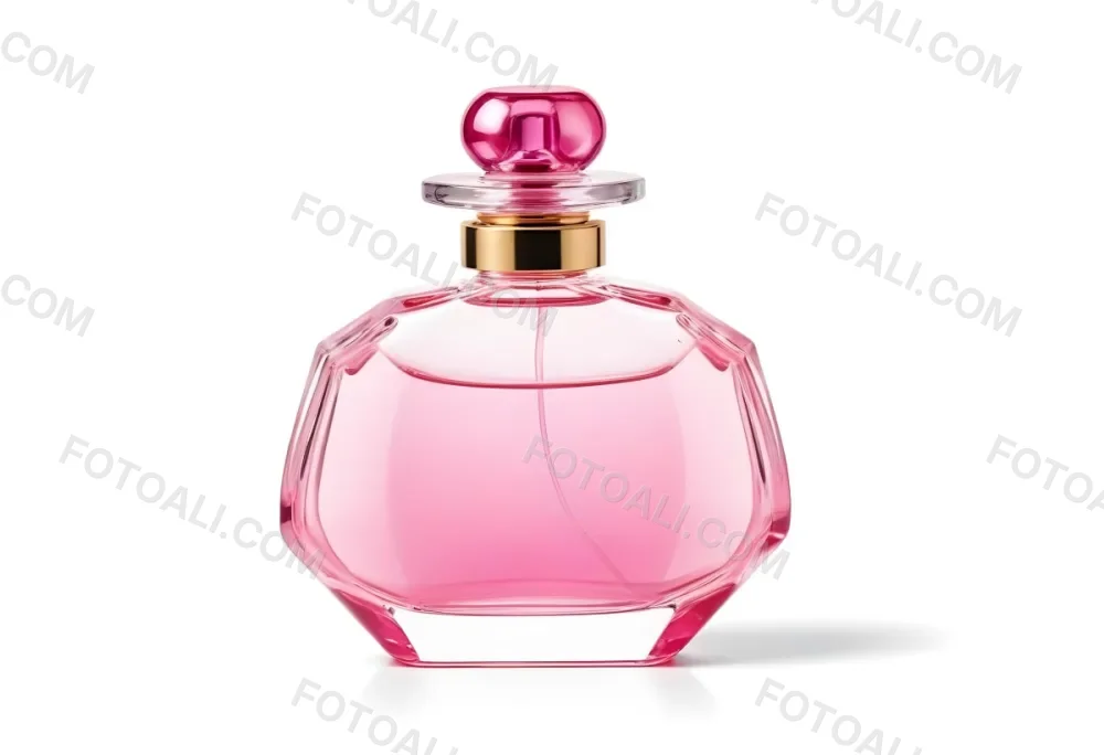 A Perfume Bottle With Pink Liquid Inside Pink Cap On A White Background 5 Dcb2