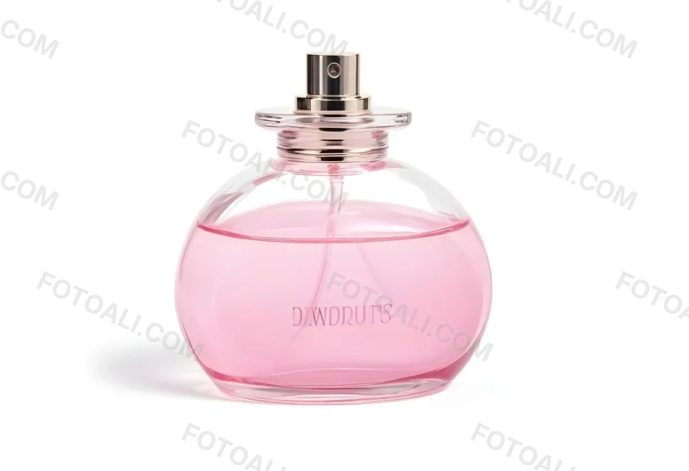 A Perfume Bottle With Pink Liquid Inside Pink Cap On A White Background 6 C64e
