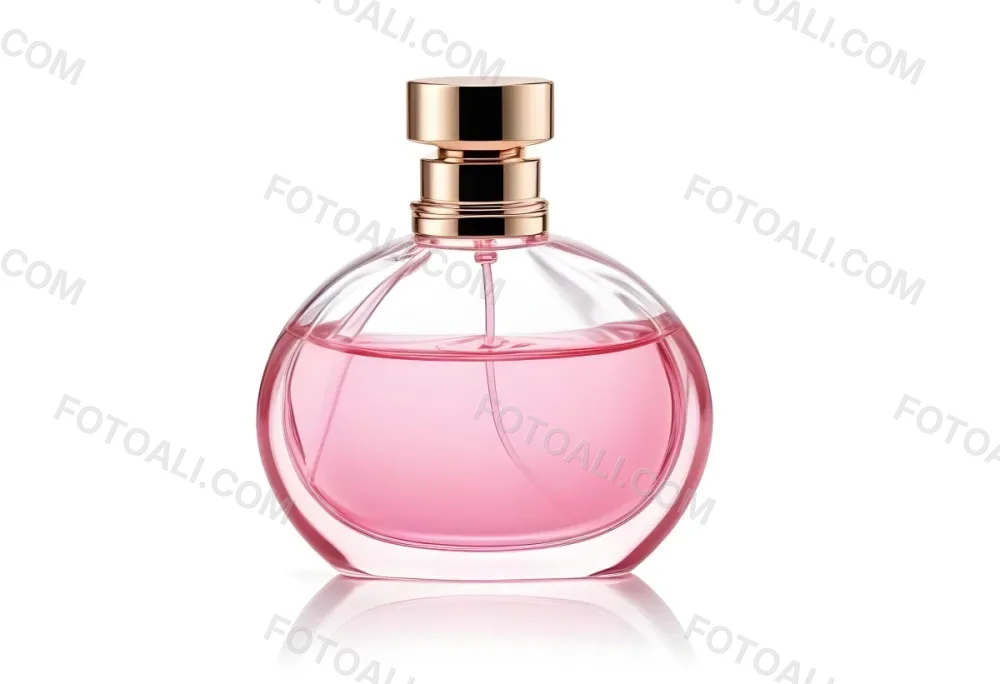 A Perfume Bottle With Pink Liquid Inside Pink Cap On A White Background 7 5276