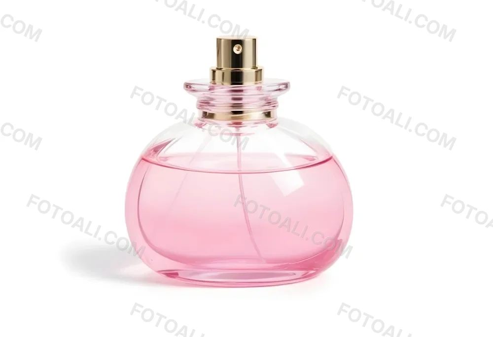 A Perfume Bottle With Pink Liquid Inside Pink Cap On A White Background 8 A34c