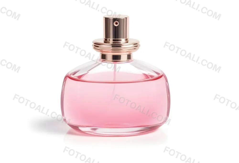 A Perfume Bottle With Pink Liquid Inside Pink Cap On A White Background 9 02e4