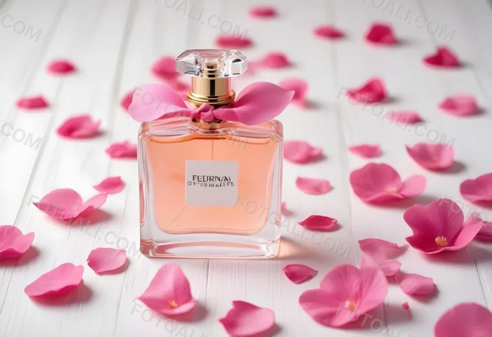 A Perfume Bottle With Pink Liquid Surrounded By Pink Flower Petals On A White Wooden Surface Elegant Luxury Beauty Fashion Floral Fragrance 1 D0b7