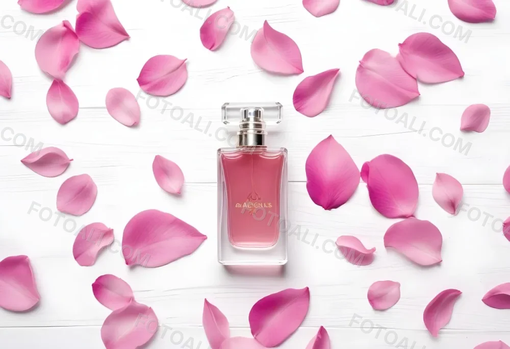 A Perfume Bottle With Pink Liquid Surrounded By Pink Flower Petals On A White Wooden Surface Elegant Luxury Beauty Fashion Floral Fragrance 14 Ecb7