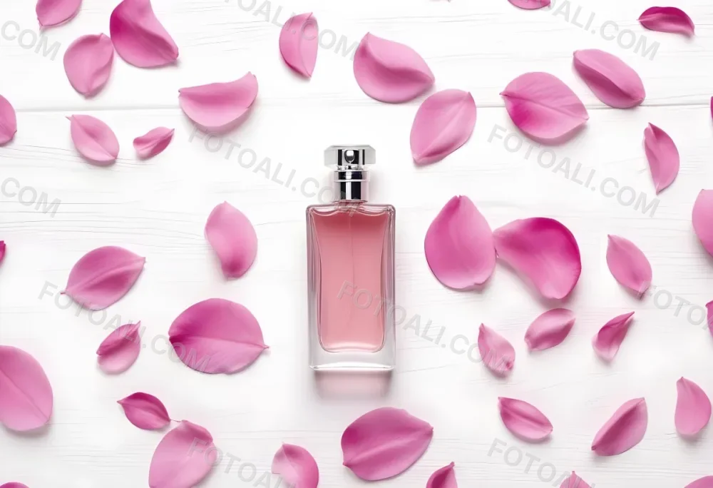A Perfume Bottle With Pink Liquid Surrounded By Pink Flower Petals On A White Wooden Surface Elegant Luxury Beauty Fashion Floral Fragrance 18 B786