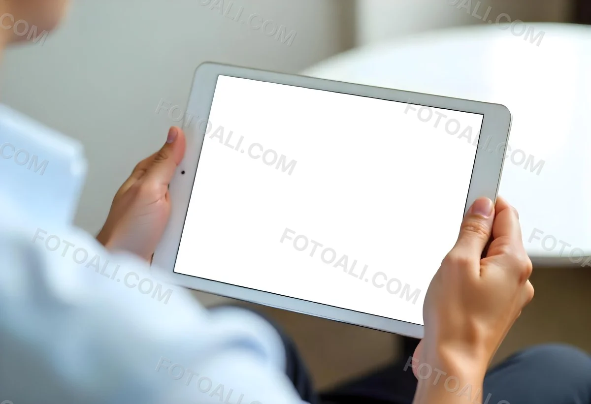 A Person Holding A Tablet With A Blank Blue Screen The Background Is Blurred And Out Of Focus The Person Is Wearing A White Shirt 11 4d65