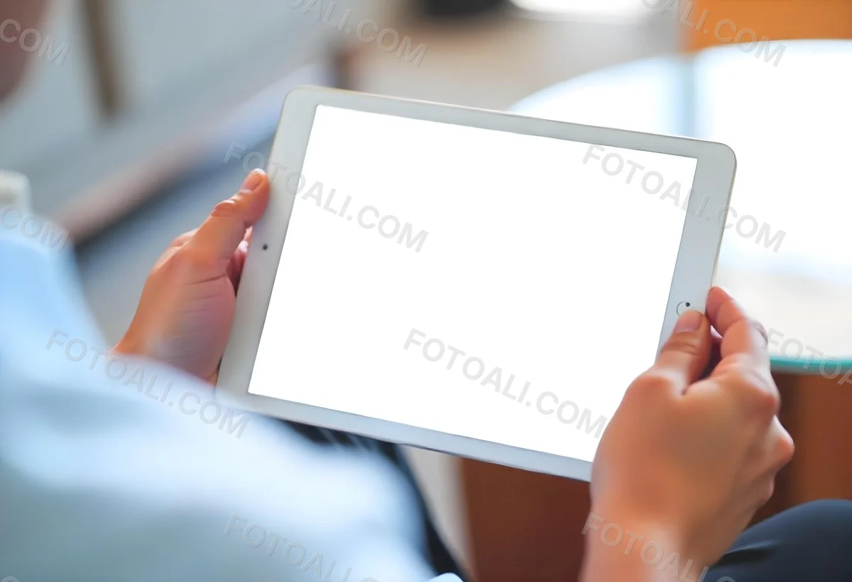 A Person Holding A Tablet With A Blank Blue Screen The Background Is Blurred And Out Of Focus The Person Is Wearing A White Shirt 16 C516