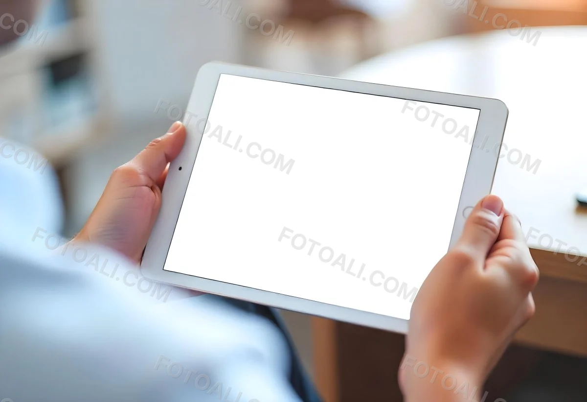 A Person Holding A Tablet With A Blank Blue Screen The Background Is Blurred And Out Of Focus The Person Is Wearing A White Shirt 18 5659
