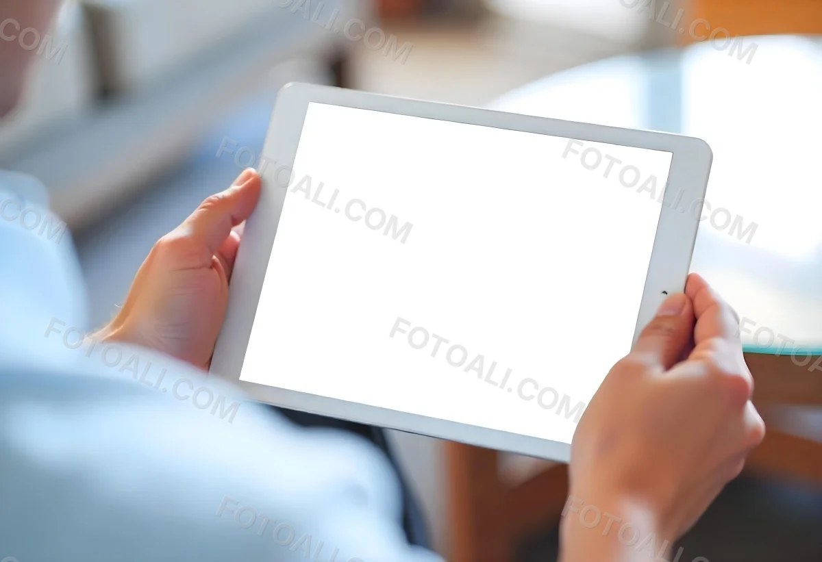 A Person Holding A Tablet With A Blank Blue Screen The Background Is Blurred And Out Of Focus The Person Is Wearing A White Shirt 22 Cd23