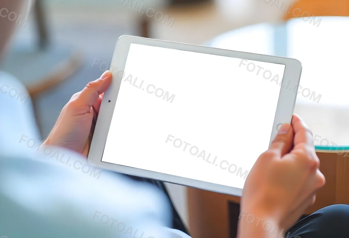 A Person Holding A Tablet With A Blank Blue Screen The Background Is Blurred And Out Of Focus The Person Is Wearing A White Shirt 30 630e