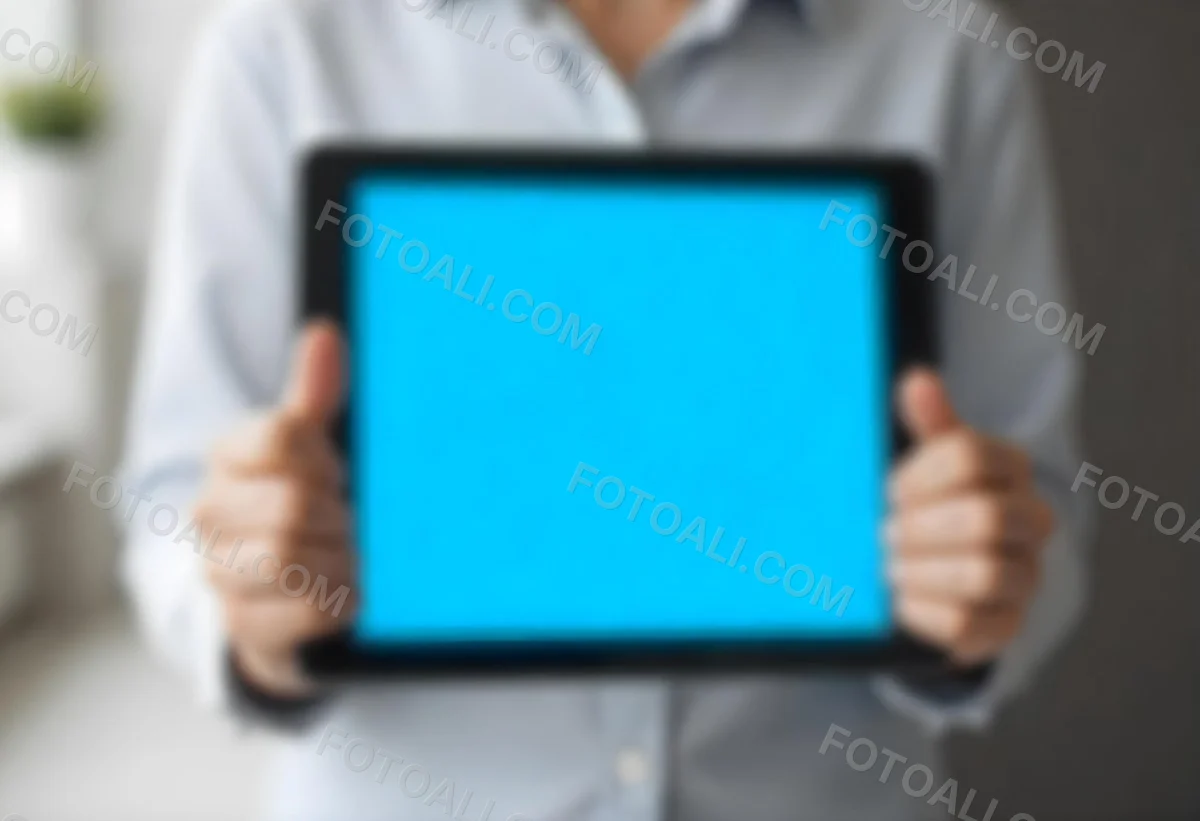 A Person Holding A Tablet With A Blank Blue Screen The Background Is Blurred And Out Of Focus The Person Is Wearing A White Shirt 34 5389