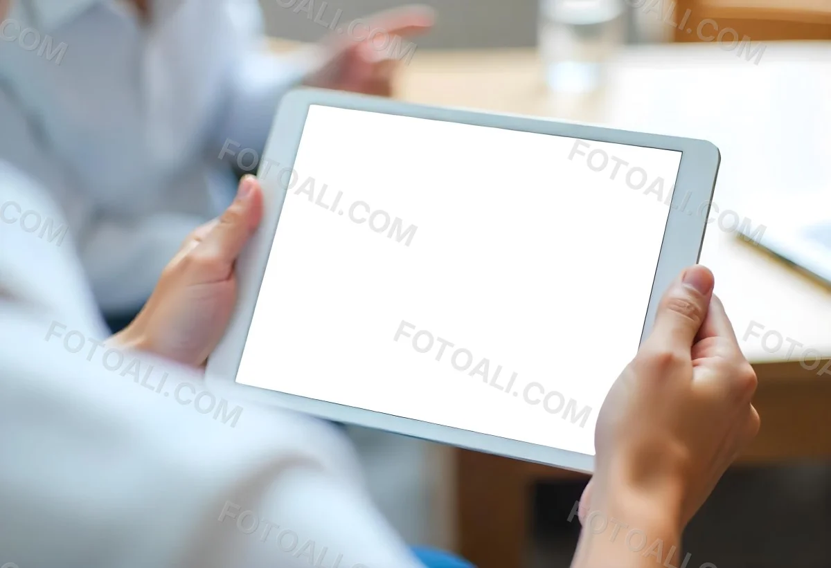 A Person Holding A Tablet With A Blank Blue Screen The Background Is Blurred And Out Of Focus The Person Is Wearing A White Shirt 7 D07c