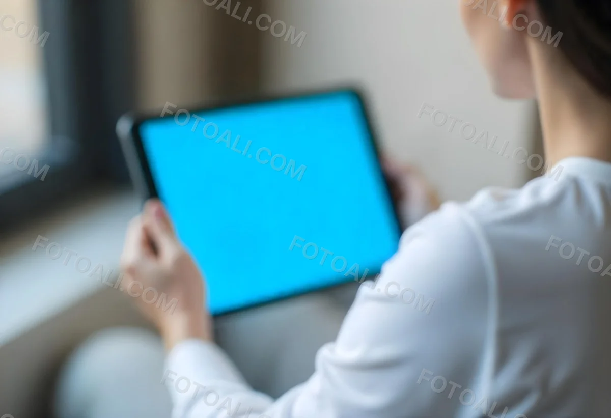 A Person Holding A Tablet With A Blank Blue Screen The Background Is Blurred And Out Of Focus The Person Is Wearing A White Shirt 9 5ded