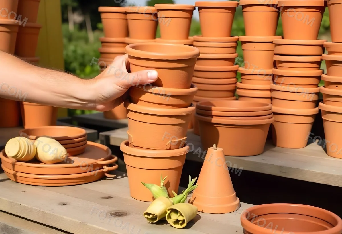 A Person S Hand Placing A Small Terracotta Plant Pot On A Stack Of Similar Pots With A Blurred Natural Background 12 Ef7a