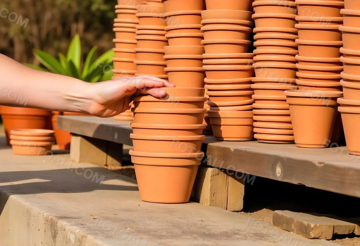 A Person S Hand Placing A Small Terracotta Plant Pot On A Stack Of Similar Pots With A Blurred Natural Background 13 1cce
