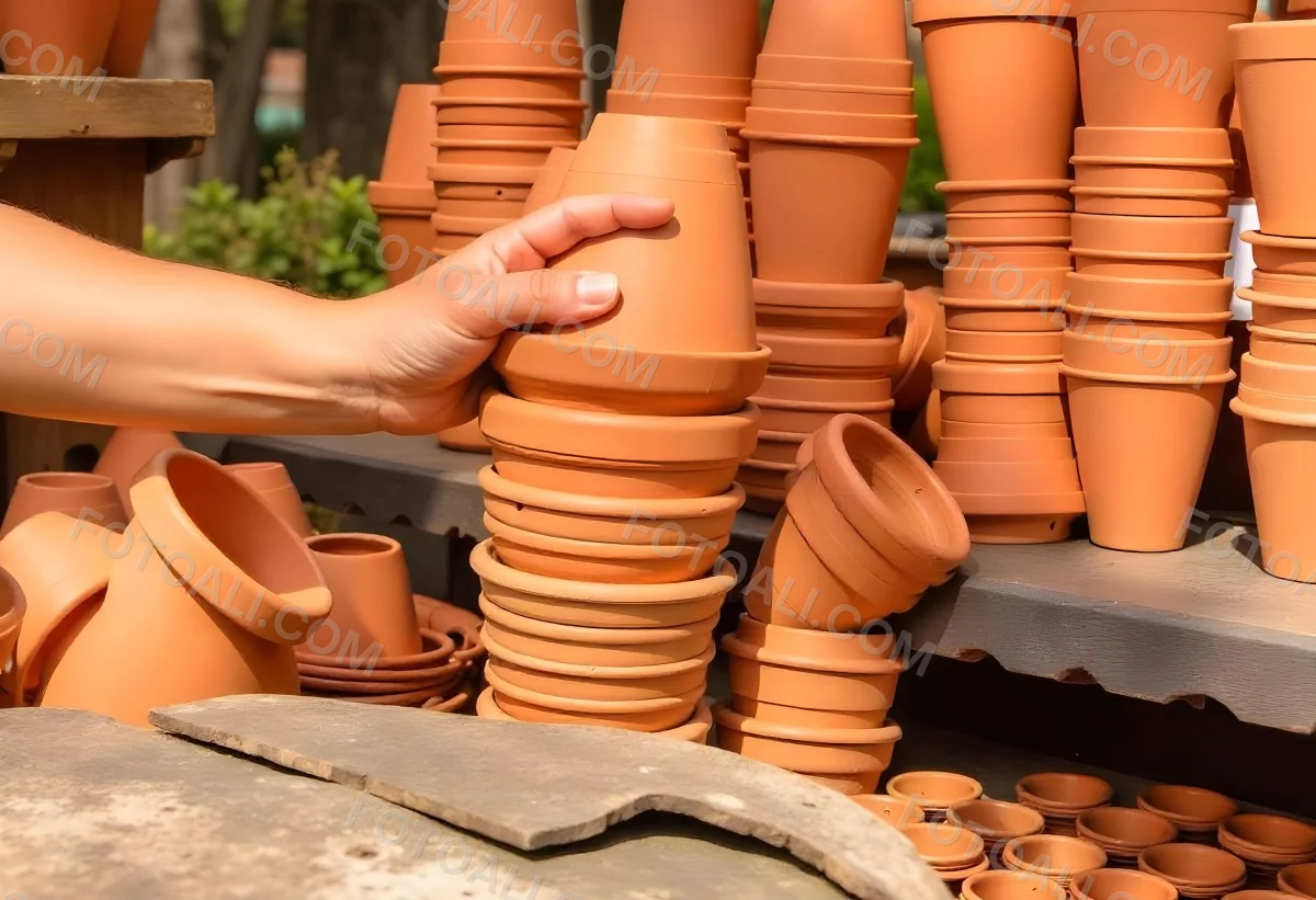 A Person S Hand Placing A Small Terracotta Plant Pot On A Stack Of Similar Pots With A Blurred Natural Background 17 E895