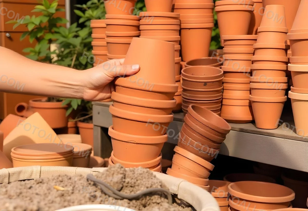 A Person S Hand Placing A Small Terracotta Plant Pot On A Stack Of Similar Pots With A Blurred Natural Background 18 F0e2
