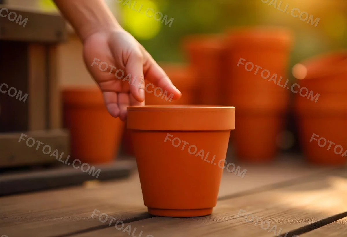 A Person S Hand Placing A Small Terracotta Plant Pot On A Stack Of Similar Pots With A Blurred Natural Background 2 Ac6d