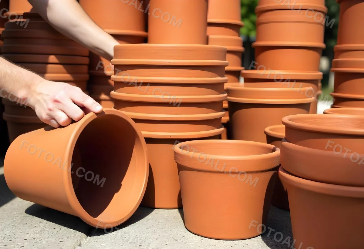 A Person S Hand Placing A Small Terracotta Plant Pot On A Stack Of Similar Pots With A Blurred Natural Background 4 Ca51
