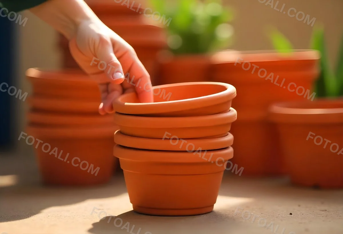 A Person S Hand Placing A Small Terracotta Plant Pot On A Stack Of Similar Pots With A Blurred Natural Background 5 413d