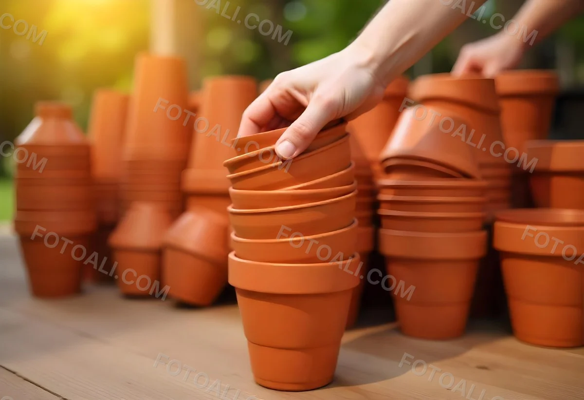 A Person S Hand Placing A Small Terracotta Plant Pot On A Stack Of Similar Pots With A Blurred Natural Background 7 Bcf2