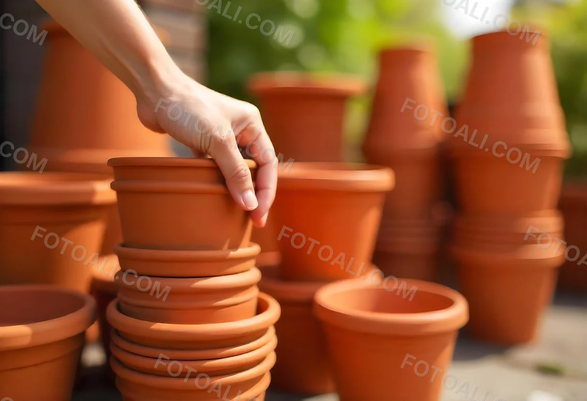 A Person S Hand Placing A Small Terracotta Plant Pot On A Stack Of Similar Pots With A Blurred Natural Background 8 C60e