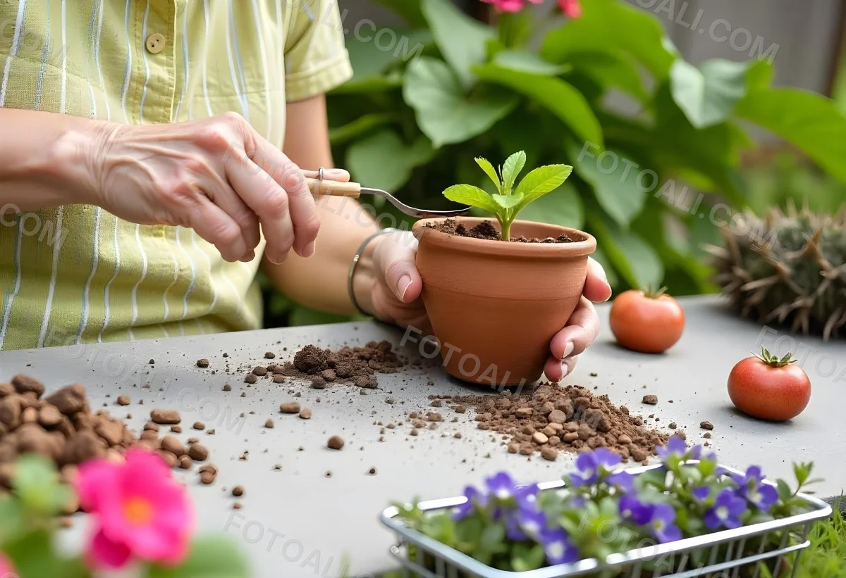 A Person S Hands Planting A Small Green Plant In A Clay Pot Surrounded By Soil And Pink Flowers In The Background 14 1159