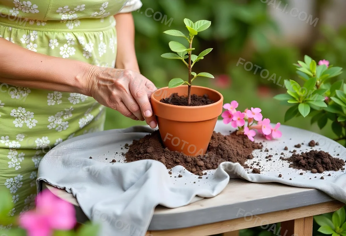 A Person S Hands Planting A Small Green Plant In A Clay Pot Surrounded By Soil And Pink Flowers In The Background 16 C12e