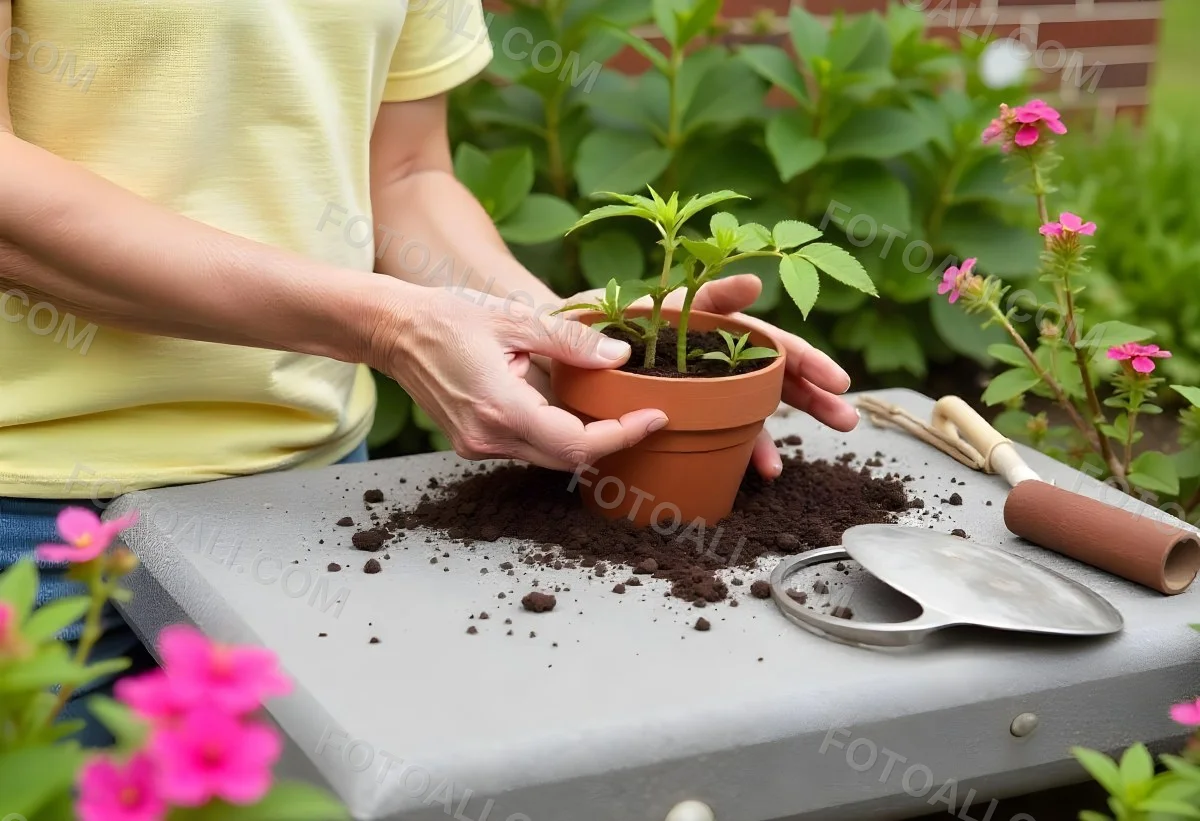 A Person S Hands Planting A Small Green Plant In A Clay Pot Surrounded By Soil And Pink Flowers In The Background 17 Fda7