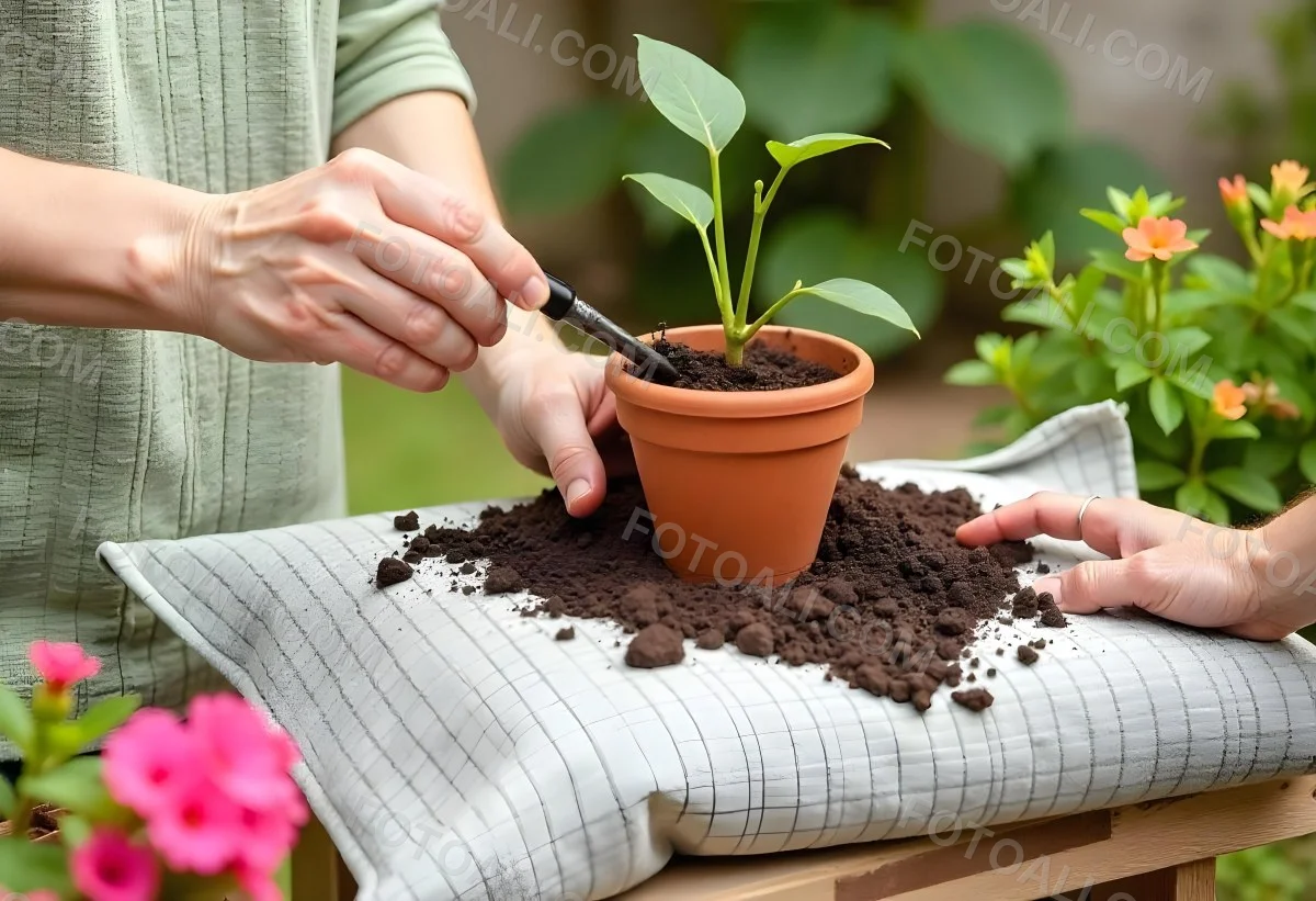 A Person S Hands Planting A Small Green Plant In A Clay Pot Surrounded By Soil And Pink Flowers In The Background 18 8b5d