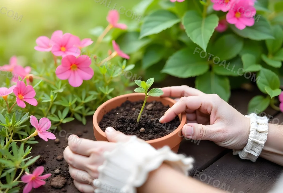 A Person S Hands Planting A Small Green Plant In A Clay Pot Surrounded By Soil And Pink Flowers In The Background 2 1e43