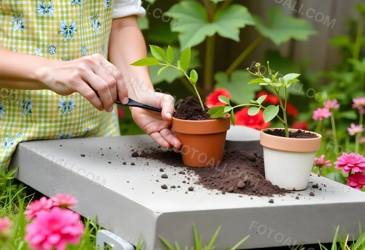 A Person S Hands Planting A Small Green Plant In A Clay Pot Surrounded By Soil And Pink Flowers In The Background 3 5235
