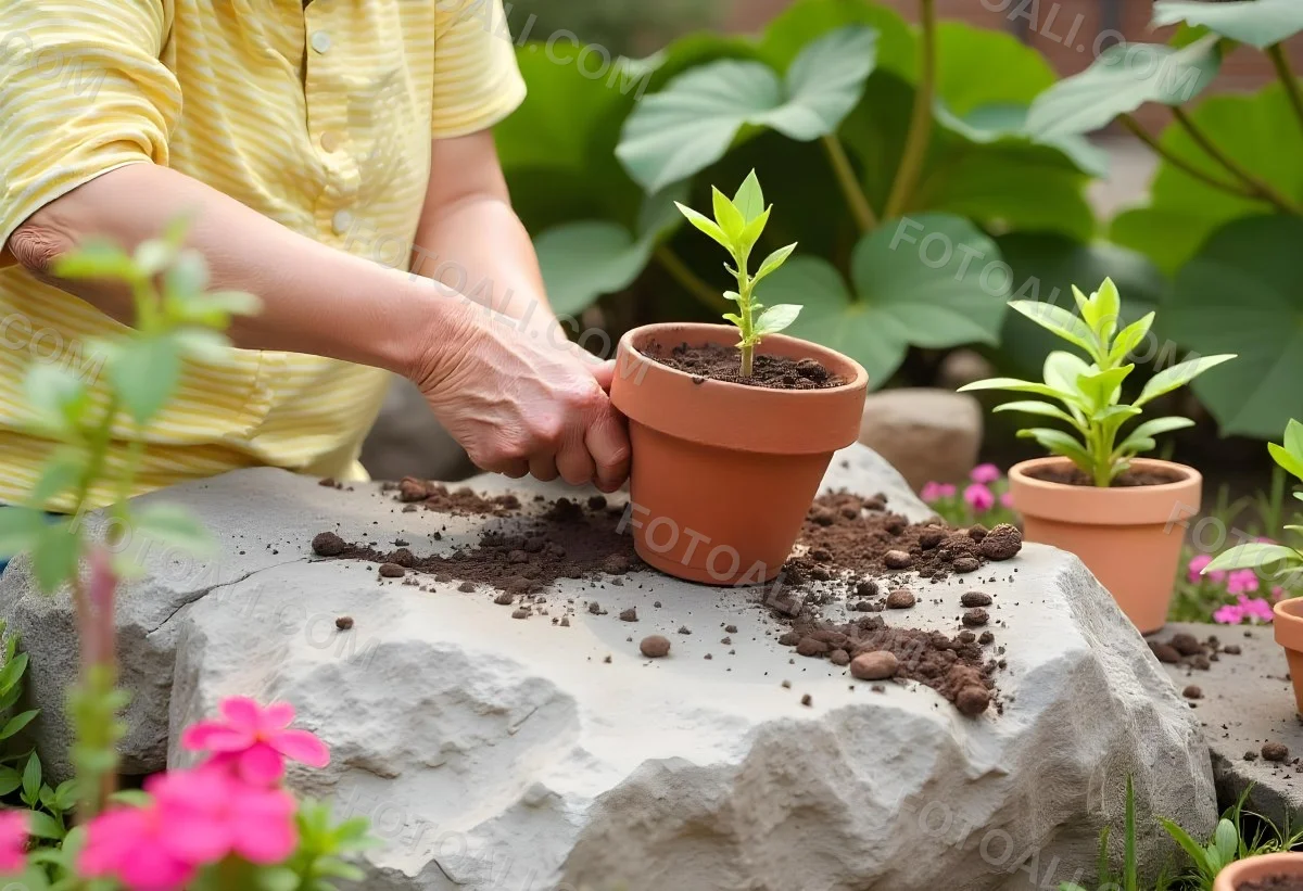 A Person S Hands Planting A Small Green Plant In A Clay Pot Surrounded By Soil And Pink Flowers In The Background 4 9331