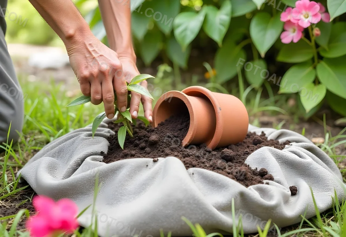 A Person S Hands Planting A Small Green Plant In A Clay Pot Surrounded By Soil And Pink Flowers In The Background 5 6cec