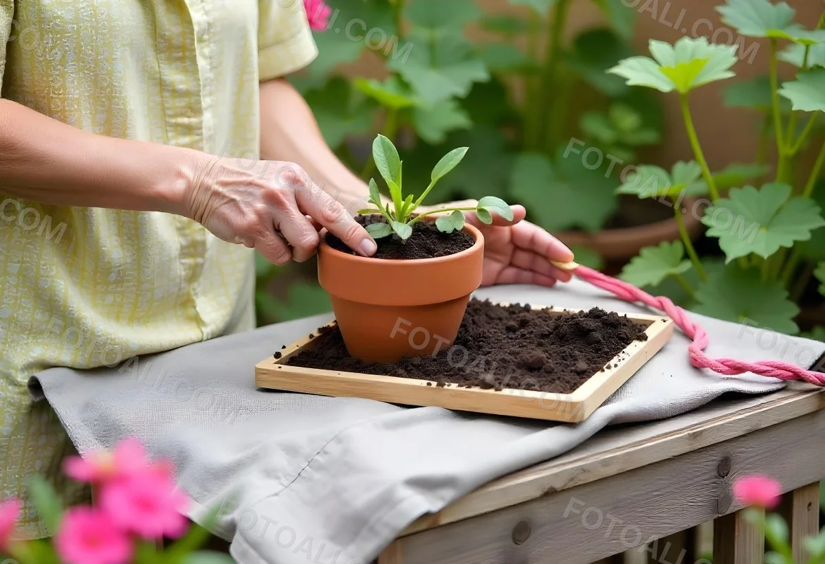 A Person S Hands Planting A Small Green Plant In A Clay Pot Surrounded By Soil And Pink Flowers In The Background 7 3acf